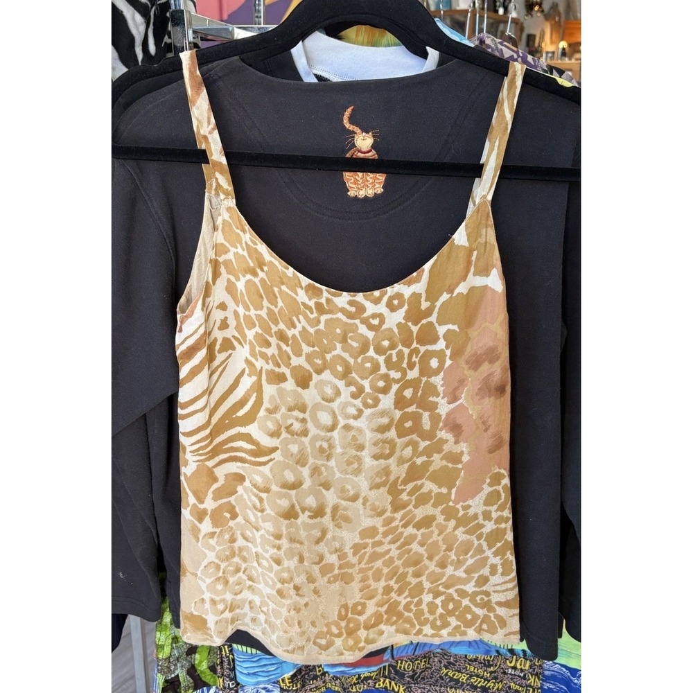 Genny Silk Tank Top Animal Print Italy Sz 40 US 4 Small Yellow Tan Cream Burnout